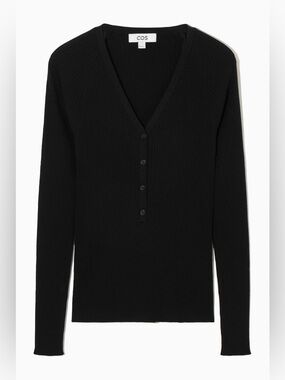 Cos  Black V-Neck Ribbed Henley Small